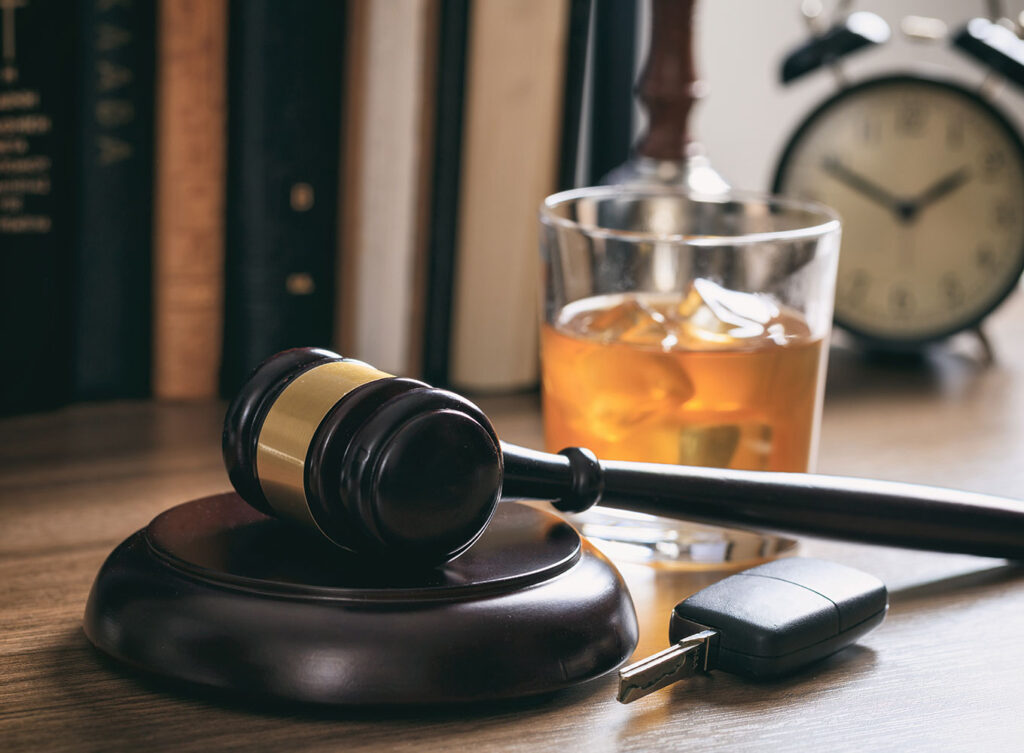 alcoholic beverage, car keys, and a gavel representing DUI attorneys springfield illinois